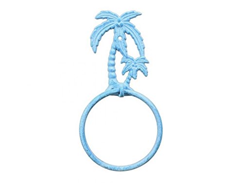 Hampton Iron Light Blue Whitewashed Cast Iron Palm Tree Towel Holder 9" Bathroom Decoration-Beach Home