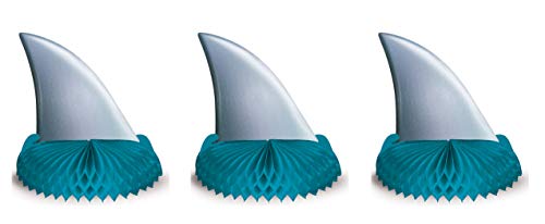 Beistle 3 Piece Shark Theme Party Supplies Birthday Decorations Table Centerpieces, 6.75" x 6.25", Gray/Blue