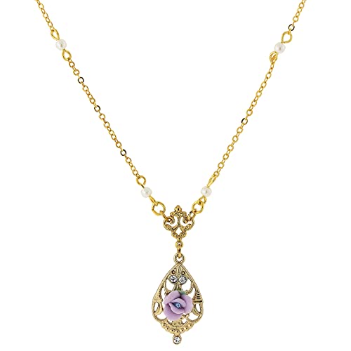 1928 Jewelry 14K Gold Dipped Vintage-Inspired Porcelain Rose with Lavender Crystal Accent Necklace, 17