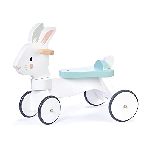 Tender Leaf Toys - Running Rabbit Ride On - Wooden Four Wheeled Push Balance Rabbit Themed Bike with Rubber Ring and Handle - Early Walk Development and Muscle Strength Enhancement for Children 18M+