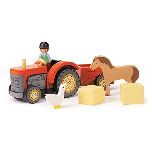 Tender Leaf Toys - Farmyard Tractor - Wooden Tractor Toy with Removeable Trailer for Age 18m+