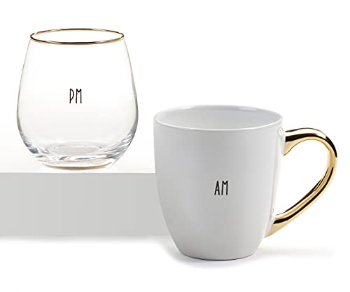 Giftcraft 094776 Be our Guest White Mug and Stemless Wine Glass Set with Sentiment, 10.2-inch Length, Ceramic and Glass
