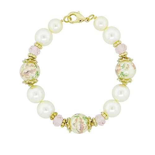1928 Jewelry Flower Decal Faux Pearl Pink Crystal Bracelet
