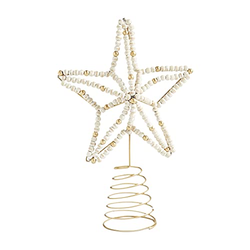 Mud Pie Beaded Star Tree Topper, 13.5" x 10", White, Gold, Mango Wood
