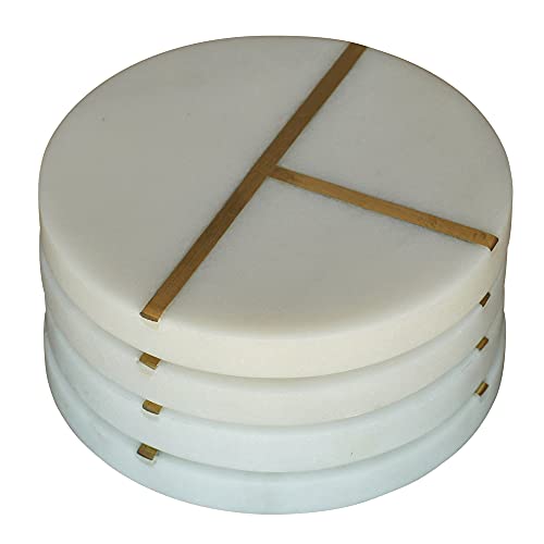 HomArt 4616-6 Marble and Brass Round Aperture Coaster, Set of 4, 4-inch Diameter