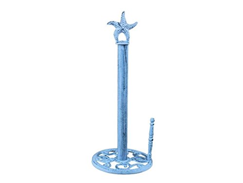 Hampton Iron Rustic Dark Blue Whitewashed Cast Iron Starfish Paper Towel Holder 15 Inch - Starfish Decoration - Beach