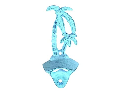 Hampton Iron Handcrafted Nautical Decor Rustic Dark Blue Whitewashed Cast Iron Wall Mounted Palmtree Bottle Opener 6" -