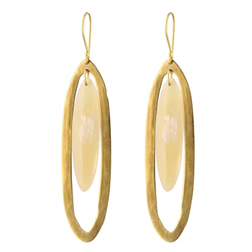 HomArt Banjar Floating Long Oval Earing, 3.25-inch Length, Light horn and Brass