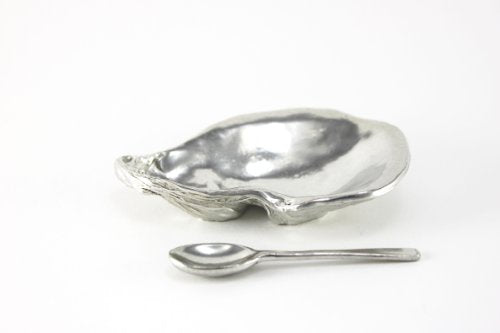 Basic Spirit Salt Bowl with Spoon - Oyster Shell - Pewter Cellar Container Box for Salt, Spices, Snacks, Rice, Side Dishes, or Ice Cream