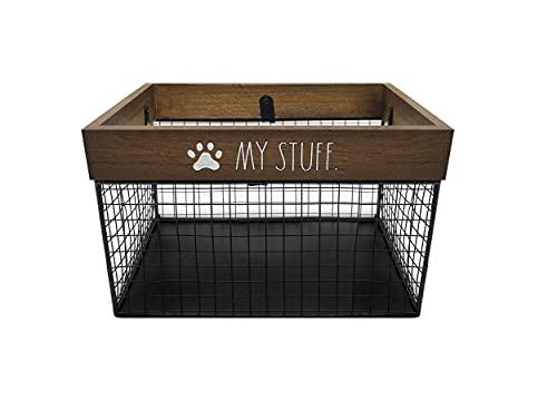 DesignStyles Rae Dunn Pet Toy Basket  Metal and Wood Dog Toy Storage Basket - Cat and Dog Toy Bin Storage Organizer for Puppy Leash, Blanket, Treats, Food, Accessories - Container Baskets for Dogs - Dark Wood