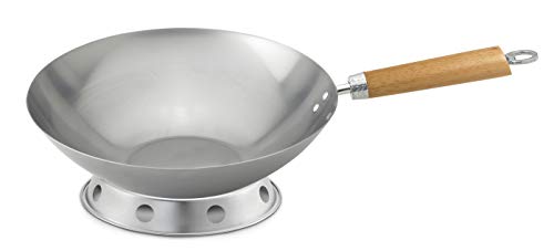HIC Helens Asian Kitchen 97146 Round Bottom Wok, Carbon Steel and Bamboo, 12-Inches, 4-Piece Set, One Size, Black