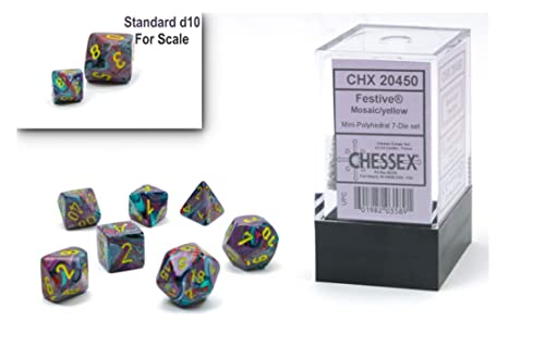 Chessex Dice Set – 10mm Festive Mosaic/Yellow Plastic Polyhedral Dice Set – Dungeons and Dragons D&D DND TTRPG Dice – Includes 7 Dice - D4 D6 D8 D10 D12 D20 D%,CHX20450