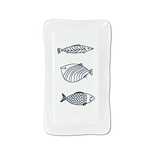 Abbott Collection 27-CORFU-690 Large Rectangle Fish Plate, 1 EA, White/Blue