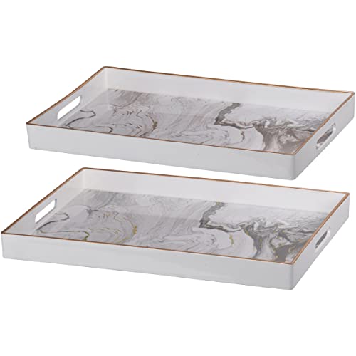 A&B Home Decorative Tray Marbling Plastic Tray with Handles Coffee Table Serving Tray for Ottoman Couch Set of 2 Large Perfume Tray White