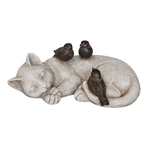 Comfy Hour Pet In Loving Memory Collection 12" Length Garden Accent Decorative Sparrows On Cat Figurine, Polyresin Statue Stone Looking