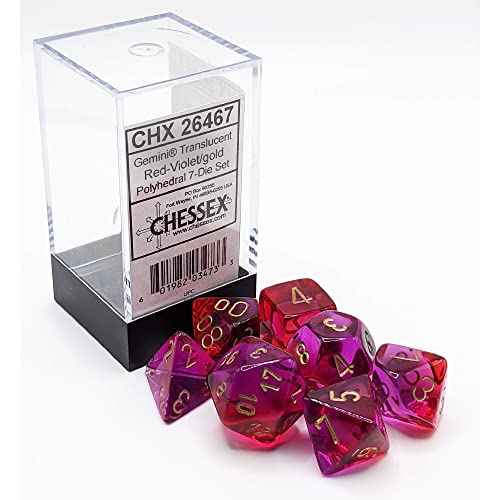 Gemini Polyhedral Dice Set | Set of 7 Dice in a Variety of Sizes Designed for Roleplaying Games | Premium Quality Dice for Tabletop RPGs | Translucent Red, Violet and Gold Color | Made by Chessex