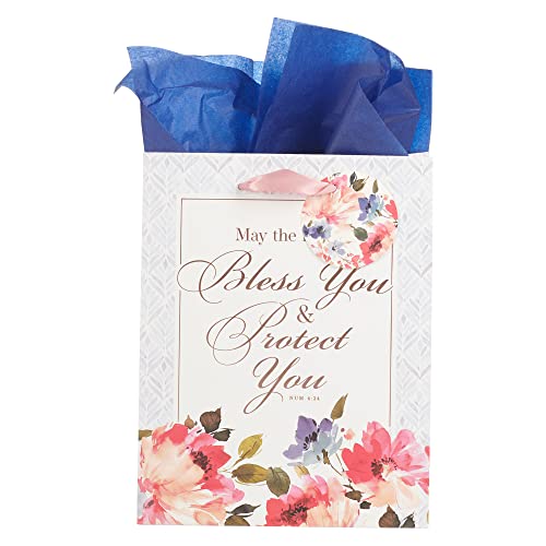 Christian Art Gifts Portrait Floral Gift Bag w/Tag & Tissue Paper Set for Women: May The Lord Bless You - Numbers 6:24 Bible Verse, Light Blue, Purple, Bright Pink & Leafy Green Bouquet, Medium