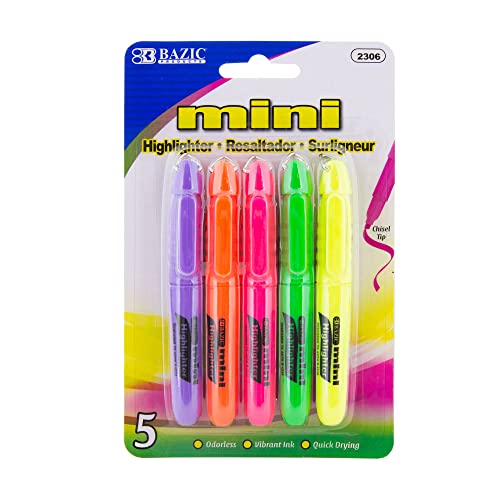 BAZIC Mini Fluorescent Highlighter w/Cap Clip, Chisel Tip Neon Unscented Quick Dry Vibrant Ink, Bulk Pack Great for SketchBook Text Books Art Students Office (6/Pack), 1-Pack