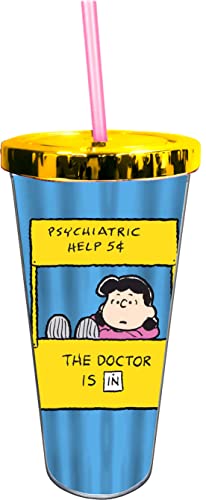 Spoontiques - Acrylic Foil Cup with Straw - 20 - Metallic Locking Lid with Straw - Double Wall Insulated - BPA Free - Peanuts Lucy Foil Tumbler