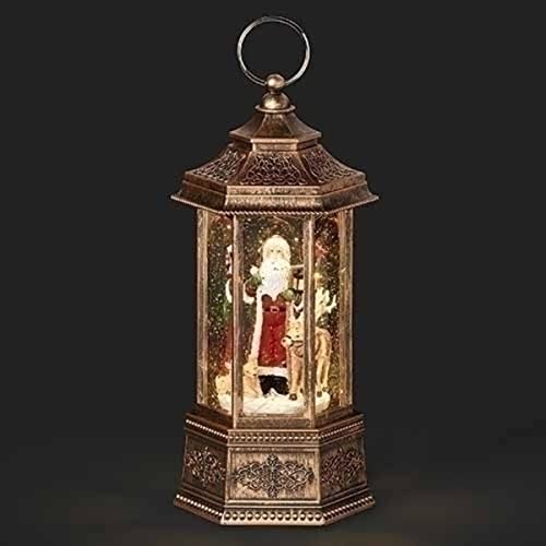 Roman 10.25" Bronze and Red LED Swirl Santa Lantern Christmas Tabletop Decor