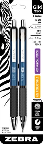 Zebra Pen G-350 and M-350 Retractable Gel Pen/Mechanical Pencil Set, Premium Blue Metal Barrel, Medium Point, 0.7mm, 2-Pack, black (11122)