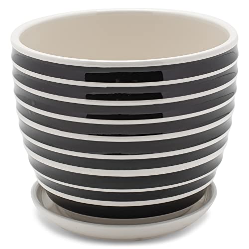 Napco Striped Black and White Ribbed 4 x 5 Inch Ceramic Flower Pot Planter with Saucer