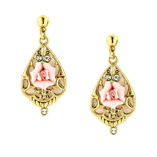 1928 Jewelry Porcelain Pink Rose and Crystal Mosaic Gold Drop Earrings