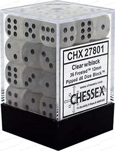 DND Dice Set-Chessex D&D Dice-12mm Frosted Clear and Black Plastic Polyhedral Dice Set-Dungeons and Dragons Dice Includes 36 Dice ‚Äì D6