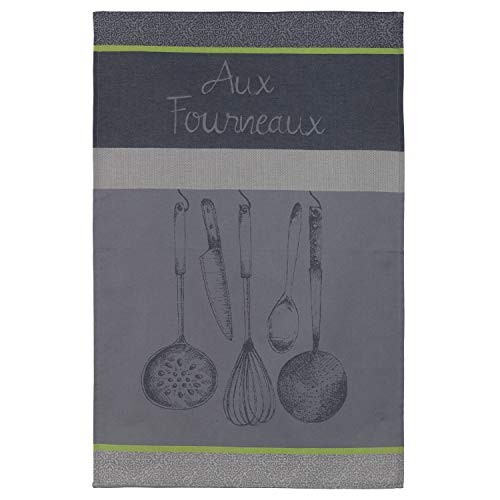 Coucke French Cotton Jacquard and Honeycomb Weave Towel, Aux Fourneaux, 20 by 30 Inches, Grey