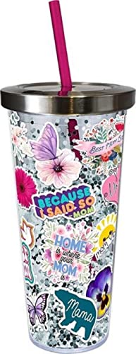 Spoontiques Mom Sticker Art Glitter Cup, Female, Mother's Day, Insulated Travel Mugs, Holds Hot and Cold Beverages
