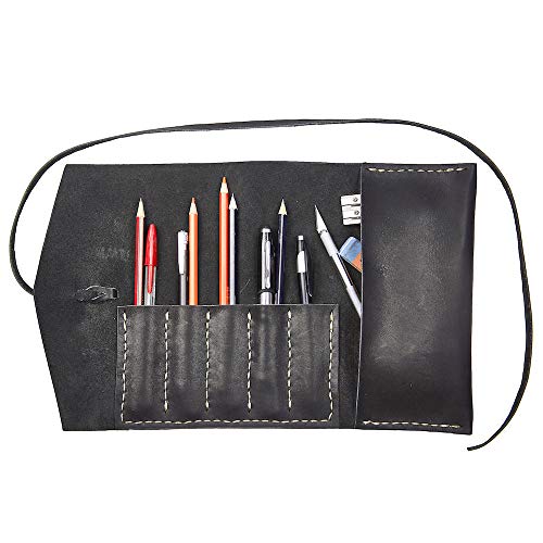 Alta Andina Leather Pen & Pencil Case | Vegetable Tanned Leather Roll Up | 5 Slots & Pouch for Pens, Brushes | Art, Stationary, & Makeup Organizer (Black √ê Noche)