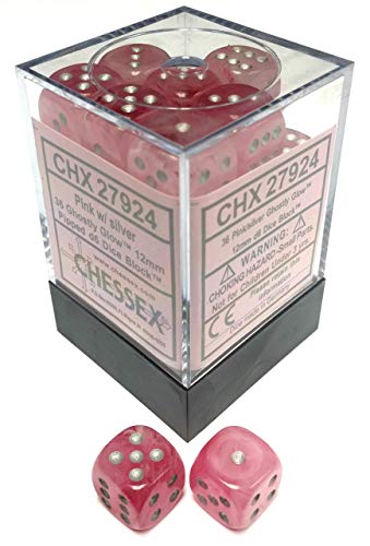 DND Dice Set-Chessex D&D Dice-12mm Ghostly Glow Pink and Silver Polyhedral Dice Set-Dungeons and Dragons Dice Includes 36 Dice – D6 (CHX27924)