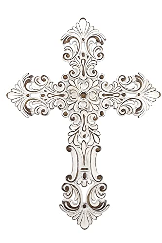 Comfy Hour Faith and Hope Collection White Flower Hollow Out Wall Cross, Religious Decoration, Antique Style, Polyresin
