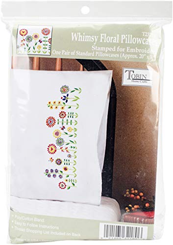 Design Works Crafts Tobin Stamped Pillowcases, Floral Whimsy, 20" x 30" Embroidery Kit, white with multicolor