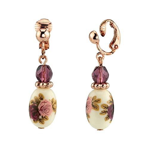 1928 Jewelry Rose Purple Crystal Bead Flower Drop Clip Earrings
