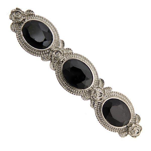 1928 Jewelry Silver Tone Oval Black Stones Barrette