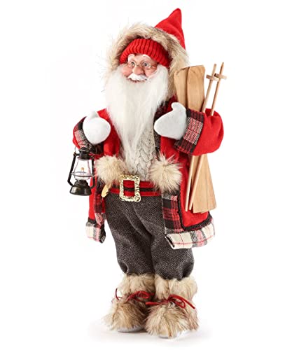 Giftcraft 683740 Christmas Standing Santa Décor with Skis and Lantern, 18-inch Height, Plastic, Polyester, Sponge, MDF, Cotton and Wire