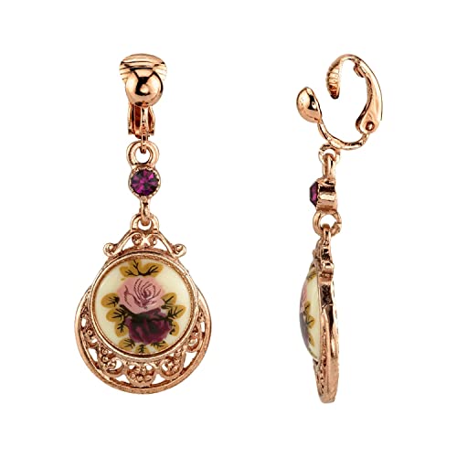 1928 Jewelry Rose Purple Crystal Flower Clip On Drop Earrings