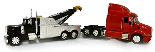 New Ray Toys Peterbilt Black Tow Truck with Red Peterbilt Cab 1/32 Scale Pre-Built Diecast Model Set