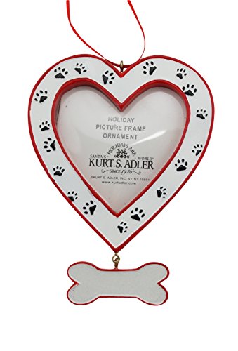 Kurt Adler Dog Heart Picture Frame - Bone Dangle and Paw Prints Ornament