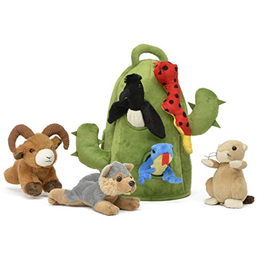 Unipak Plush Cactus Desert Animal House with Animals - Six (6) Stuffed Desert Animals (Snake, Lizard, Armadillo, Coyote, Prairie Dog, Roadrunner) in Play Cactus Carrying House
