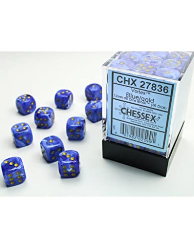 DND Dice Set-Chessex D&D Dice-12mm Vortex Blue and Gold Plastic Polyhedral Dice Set-Dungeons and Dragons Dice Includes 36 Dice – D6