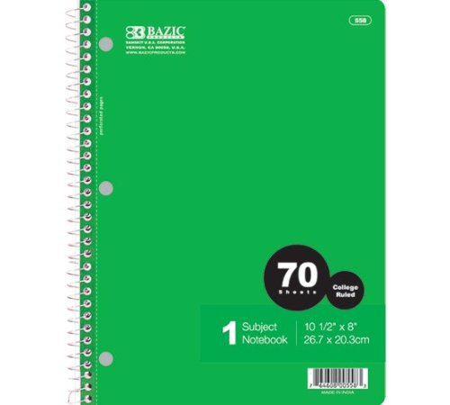 BAZIC 1-Subject Spiral Notebook, 70 Count