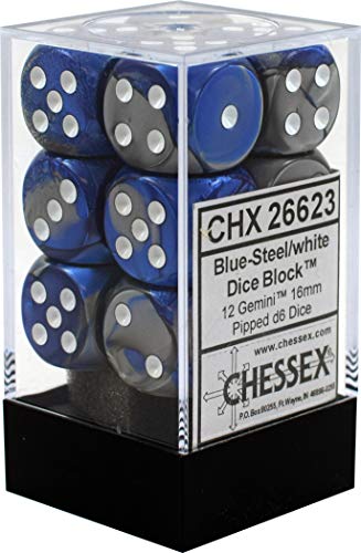 Chessex DND Dice Set D&D Dice-16mm Gemini Blue, Steel, and White Plastic Polyhedral Dice Set-Dungeons and Dragons Dice Includes 12 Dice  D6,CHX26623