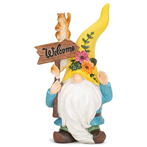 Napco Welcome Flower Gnome Yellow and Blue 9.75 Inches Polyresin Outdoor Garden Statue