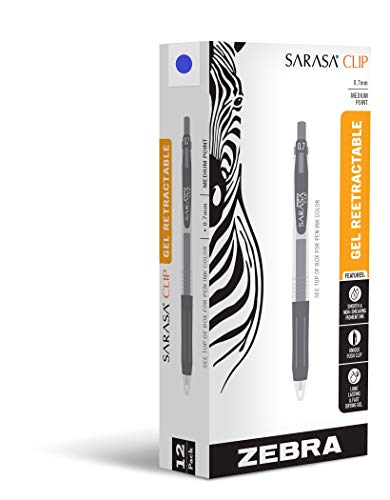 Zebra Pen Sarasa Retractable Gel Ink Pens, Medium Point, 0.7mm, Blue Ink, 12-Pack