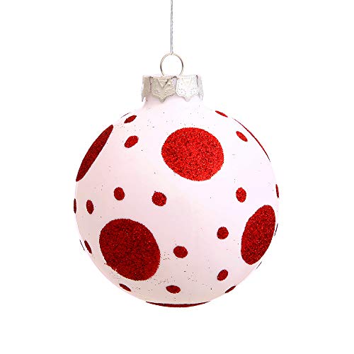 Vickerman 3" White Matte Ball Ornament with Red Glitter Polka Dots, 4 per Box