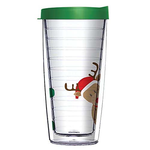 Comfy Hour Christmas Cartoon Moose Design 16 oz Clear Tumbler with Green Lid