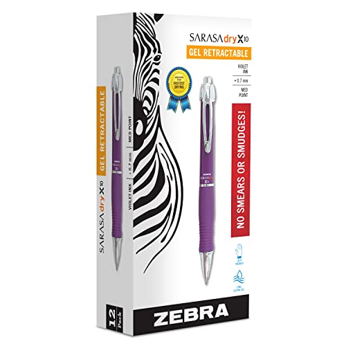 Zebra Pen X10 Retractable Gel Pen, Medium Point, 0.7mm, Violet Barrel, Acid Free Violet Ink, 12 Pack (Packaging may vary), Purple, Model:42680