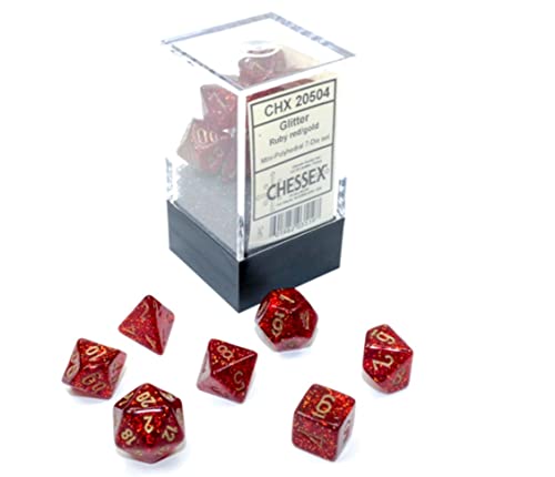 Chessex Dice Set – 10mm Glitter Red/Gold Polyhedral Dice Set – Dungeons and Dragons D&D DND TTRPG Dice – Includes 7 Dice - D4 D6 D8 D10 D12 D20 D%, (CHX20504)